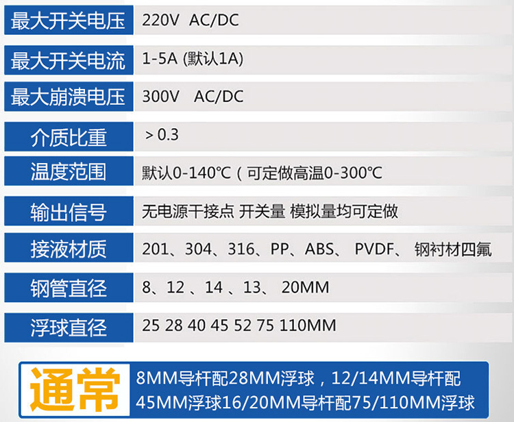 高低位浮球液位計技術參數(shù)對照表