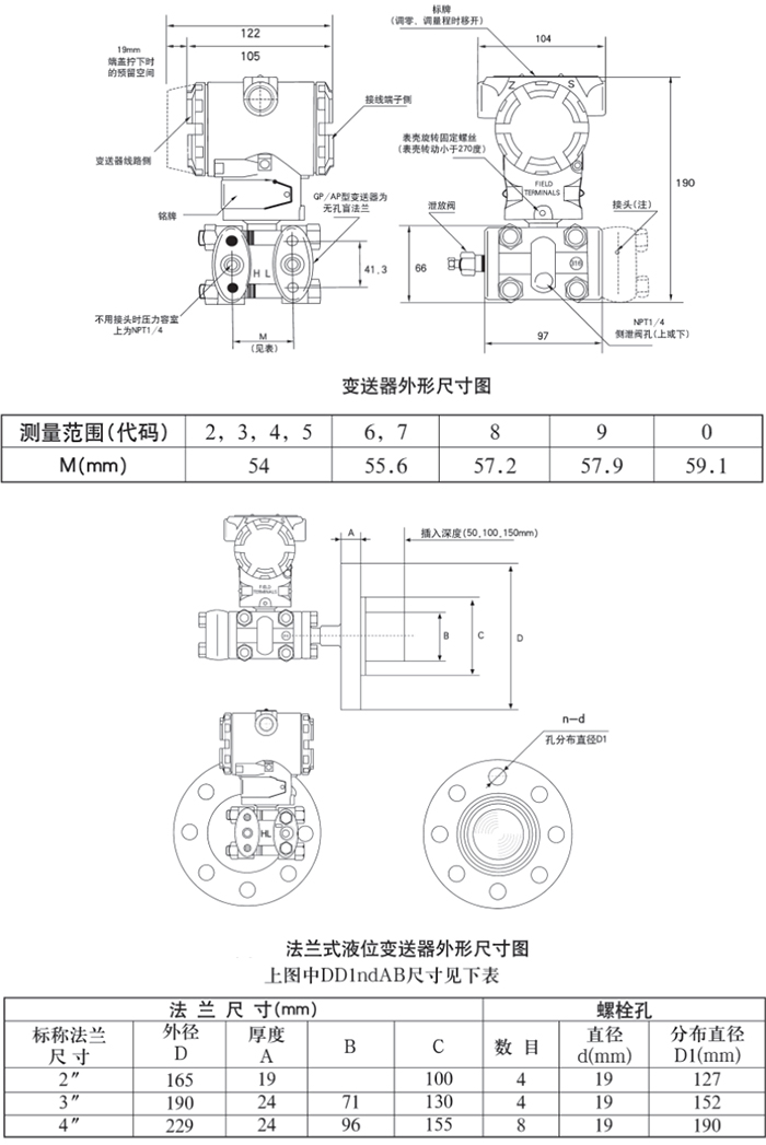 擴散硅液位變送器規(guī)格尺寸表